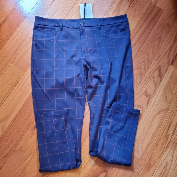 Hawthorne slim leg pants in navy blue with rust stripe window pane check. - Picture 2 of 3